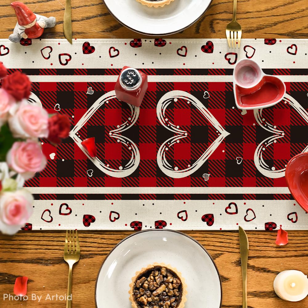 Artoid Mode Buffalo Plaid Love Hearts Valentine's Day Table Runner, Seasonal Kitchen Dining Table Decoration for Indoor Home Party 13x72 Inch