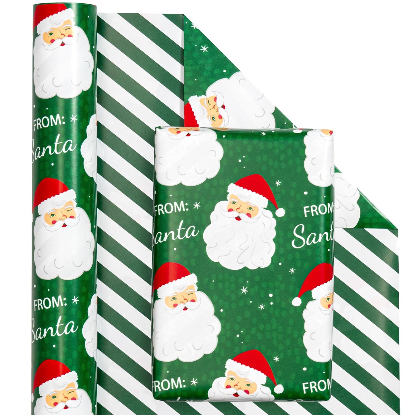 Reversible Christmas Wrapping Paper - Mini Roll - 17 Inch x 33 Feet - Green Santa Wrapping Paper and Stripe Perfect for Christmas, Holiday, Party Celebration