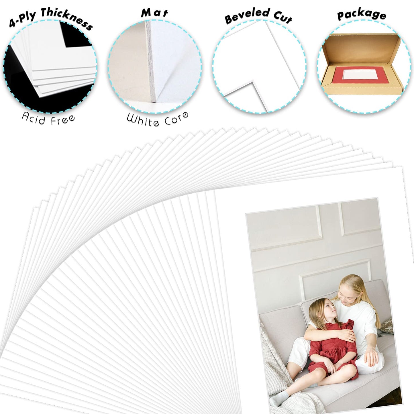 Golden State Art, Pack of 50, Acid-Free White Pre-Cut 5x7 Picture Mat for 4x6 Photo with White Core Bevel Cut Frame Mattes