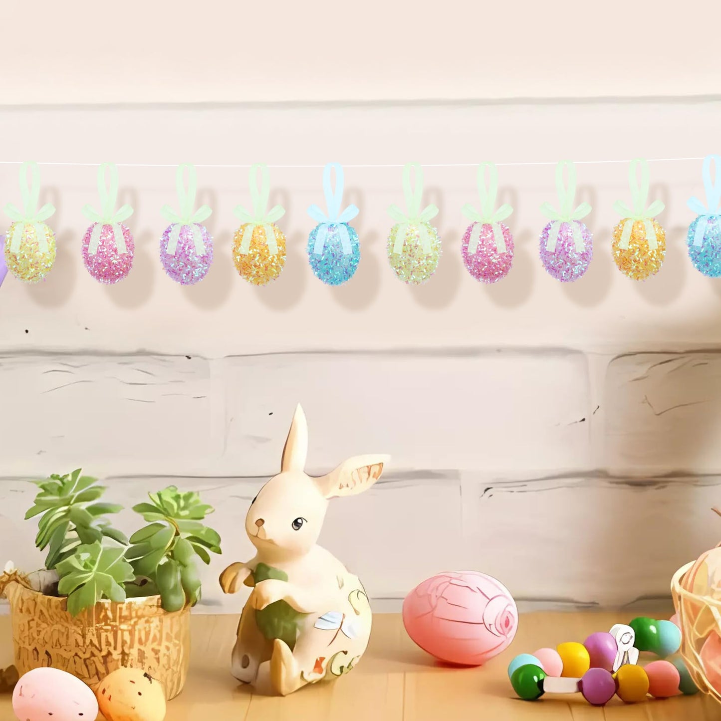 48 Pcs Easter Glitter Hanging Eggs, Shiny Tinsel Easter Egg Ornaments, Spring Foam Egg Hanging Decoration for Home Holiday Party Celebrations Tree Wall DIY Craft Decoration (1.3'' x 1.6'')