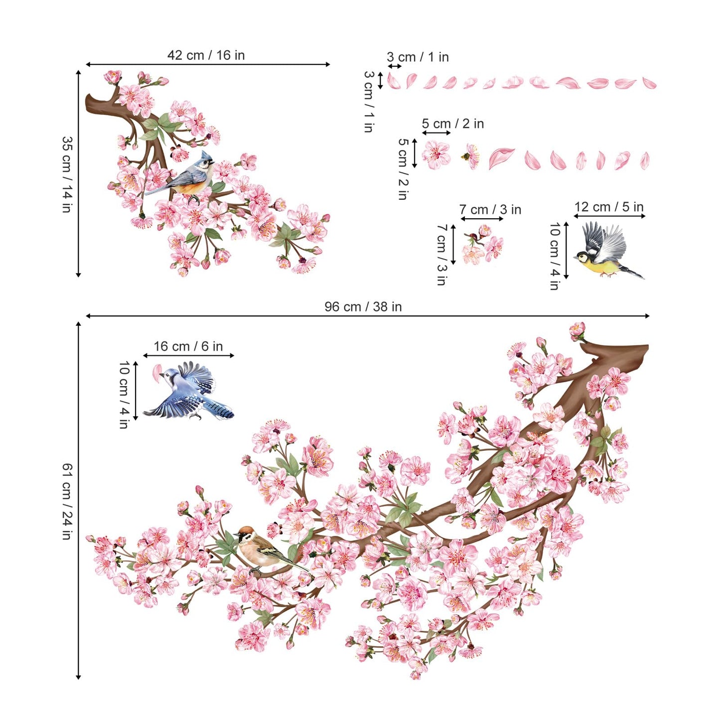 decalmile Cherry Blossom Branch Wall Decals Pink Floral Birds Wall Stickers Bedroom Living Room Sofa TV Background Wall Decor