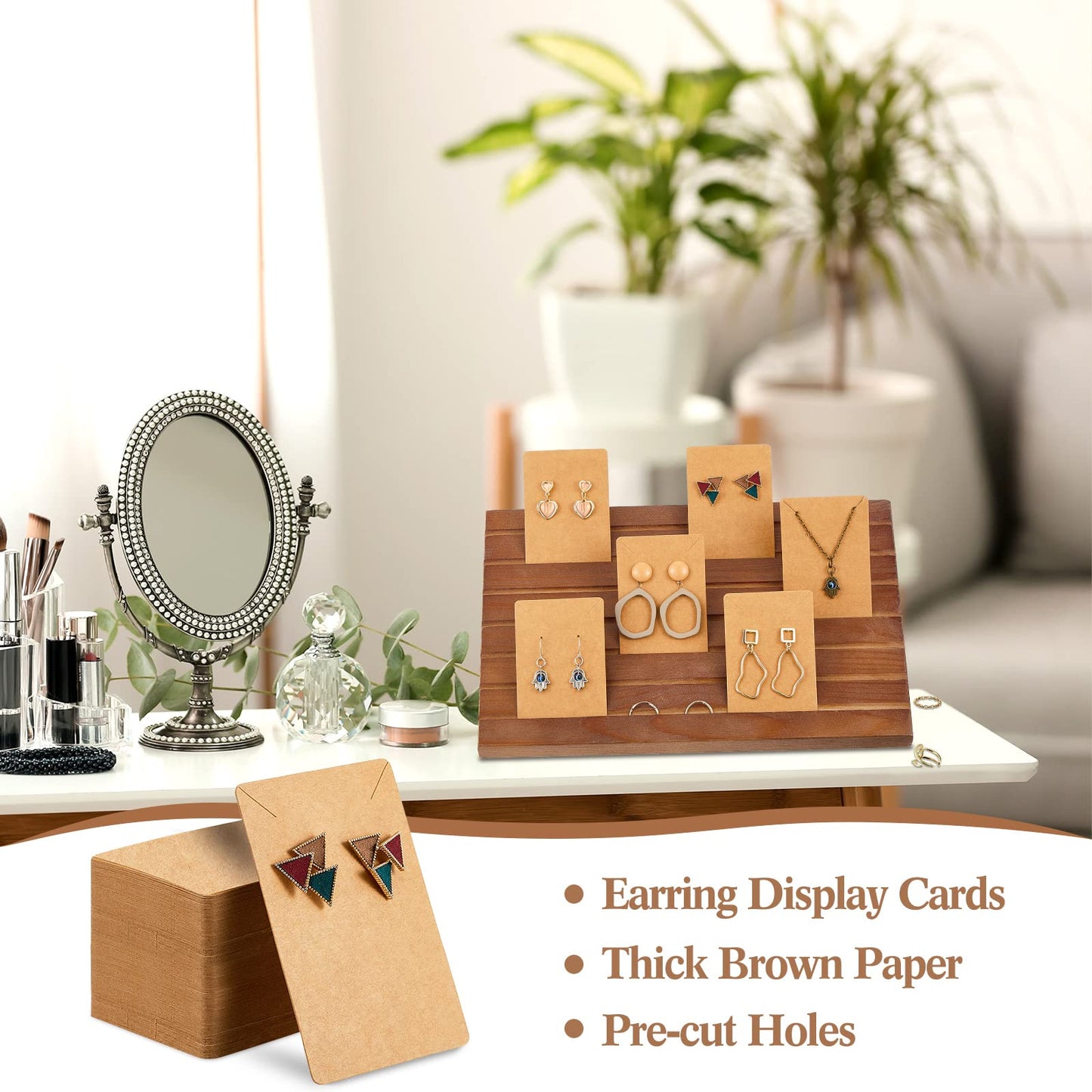 Blulu 31 Pack Wooden Earring Display Stand 7 Slots jewelry Display Holder with Earring Card for Selling Vendors Retail Show(Light Brown)