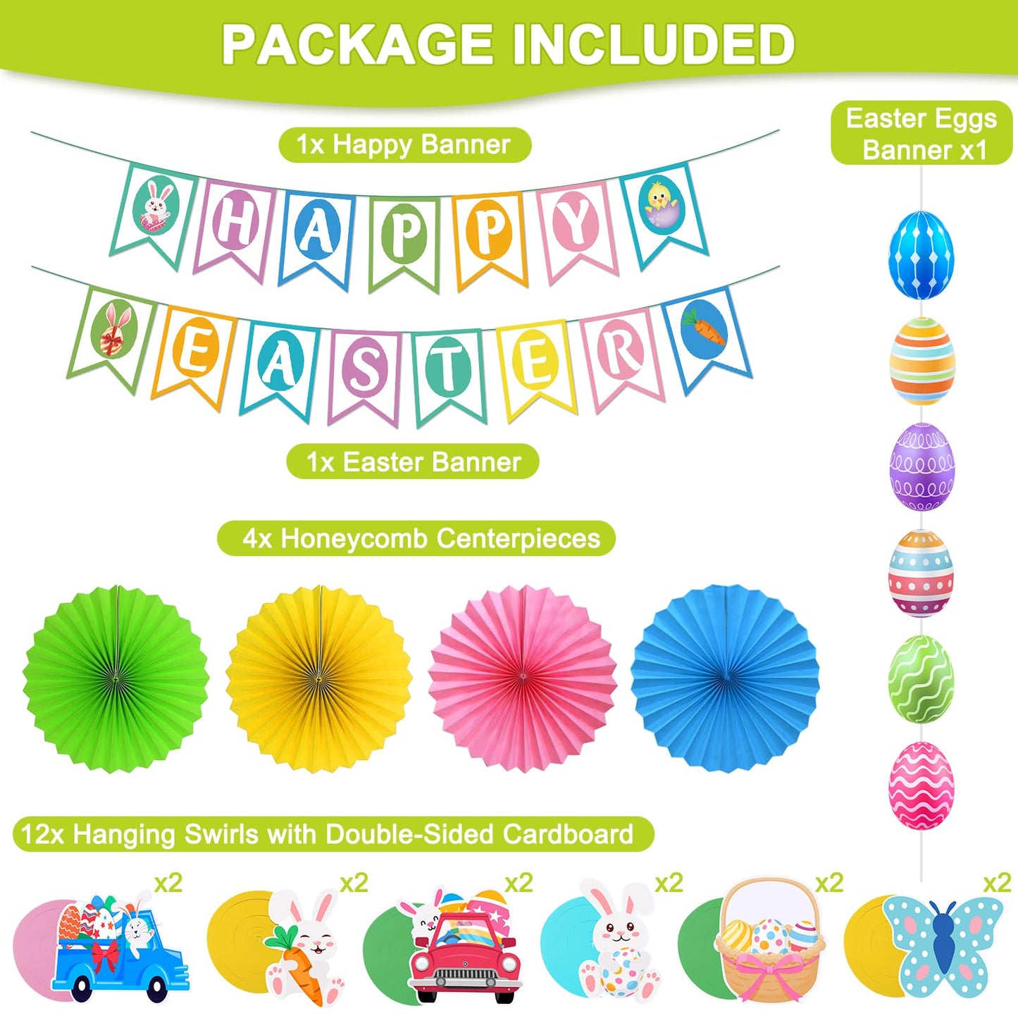 Easter Decorations Easter Decor Happy Easter Banner Egg Bunny Garland Hanging Swirl for Home Office School Classroom Themed Party Decorations