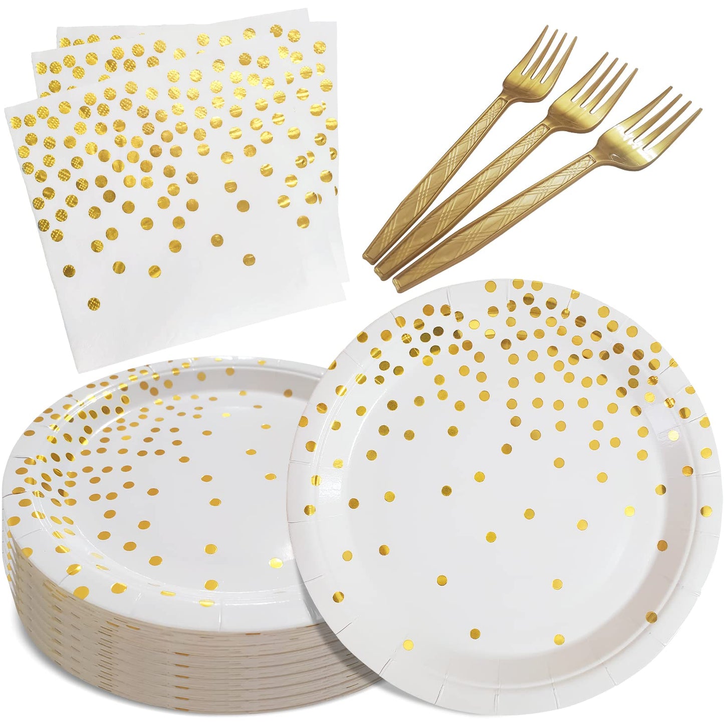 WXLDGHQ White and Gold Paper Plates Napkins Party Supplies,Disposable Gold Dot Paper Dessert Plates,105 PCS Birthday Plates and Napkins Party Supplies for Wedding(Serves 35 Guests 7")
