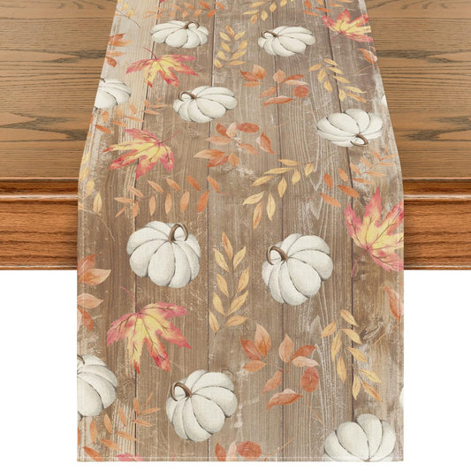 Pumpkins Maple Leaves Brown Wood Fall Table Runner, Seasonal Autumn Kitchen Dining Table Decoration for Home Party Decor 13x72 Inch