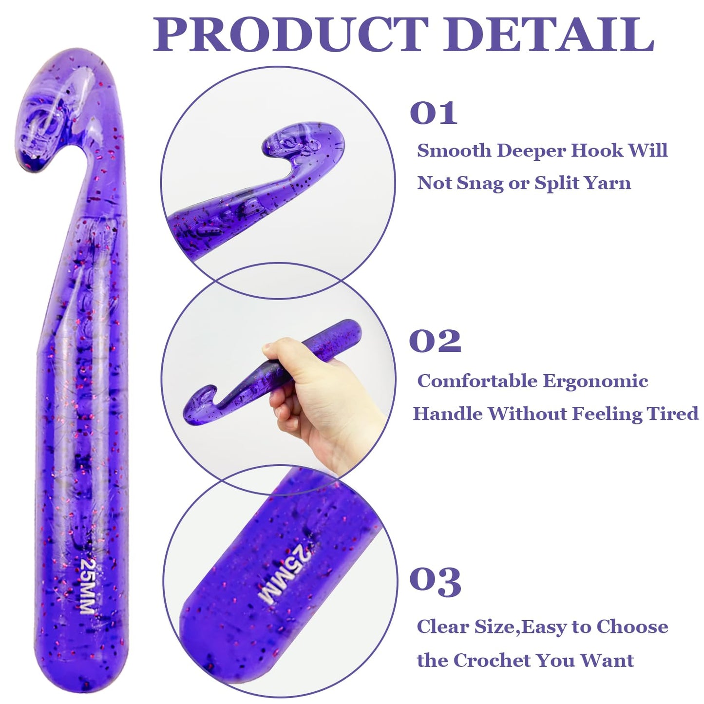 Hobekoee 25mm Large Crochet Hook for Chunky Yarn,Ergonomic Crochet Needles for Arthritic Hands,Plastic Crystal Smooth Crochet Hooks for Handmade DIY Crocheting