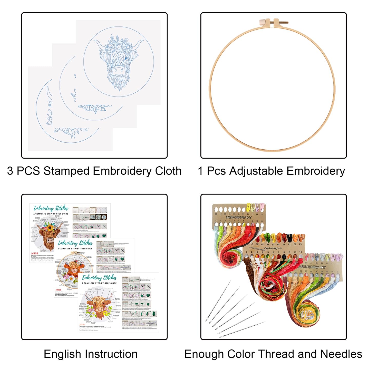 3 Sets Embroidery Kits for Beginners,Cross Stitch Kit for Adults,Starters DIY Needlepoint Including Hoop -Highland Cow and Florals Pattern