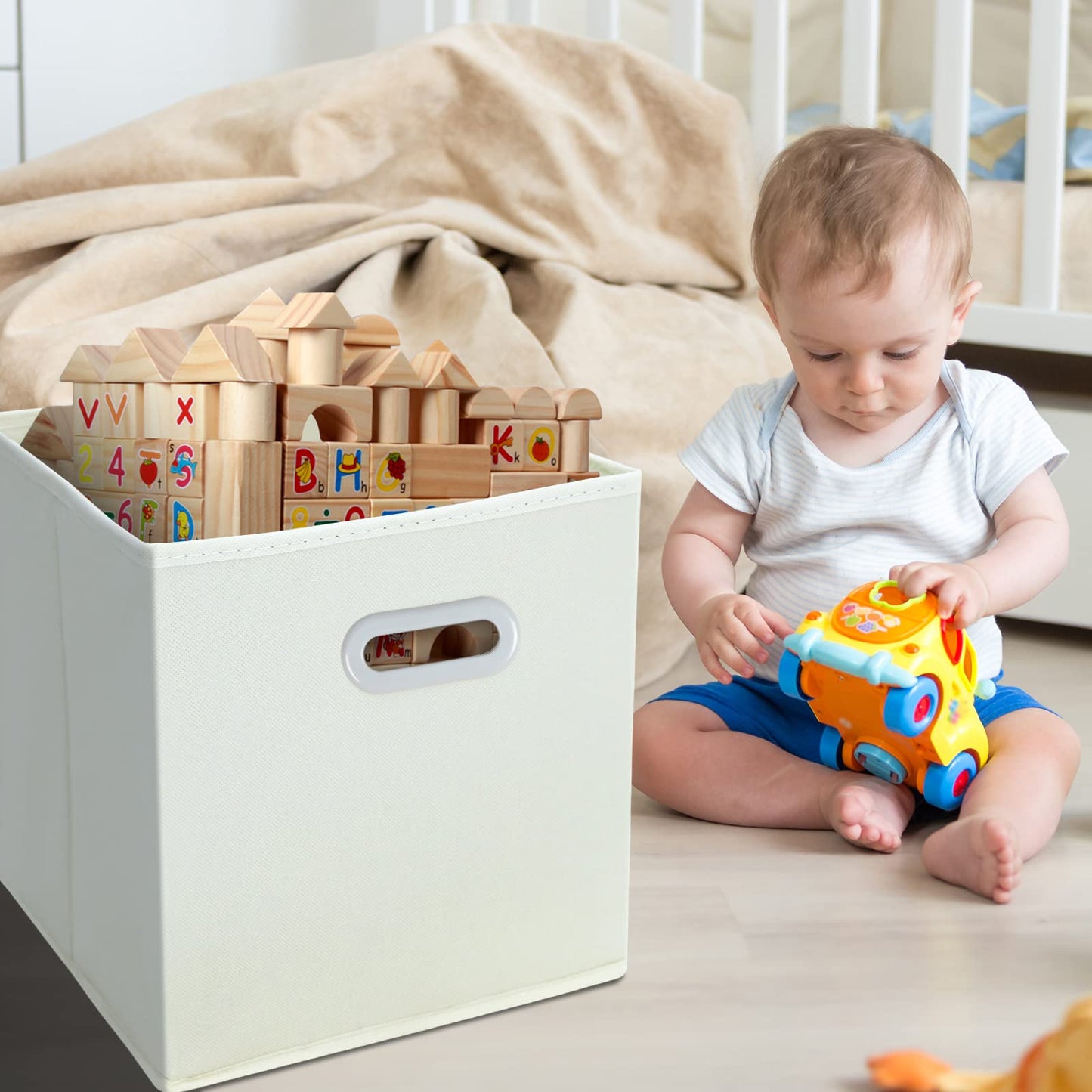 STOREONE Fabric Storage Bins Cubes Baskets Containers-(11X11X11) with Dual Handles Cube Storage Organizer Bins for Shelf Closet, Bedroom Organizers, Foldable Set of 3 (Creamy- White )