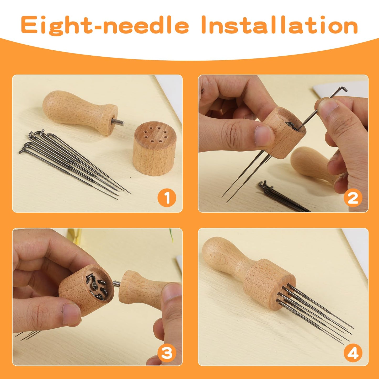 Mayboos Felting Needle with Eight Needles Tool,Craft Wool Felt Stitch Punch Tool with Solid Wood Handle Felting Eight Needles Tool with Finger Cots