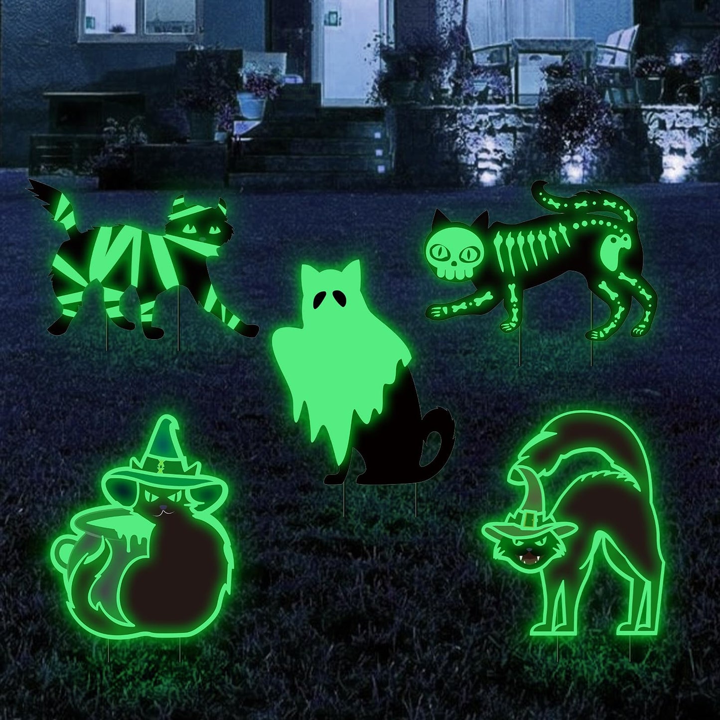 Halloween Yard Decorations Outdoor Signs - 5pcs Black Cat Halloween Decor Yard Signs with Stakes, Mummy Ghost Witch Skeleton Cat Glow in Dark for Halloween Party Supplies Garden Lawn Decorations