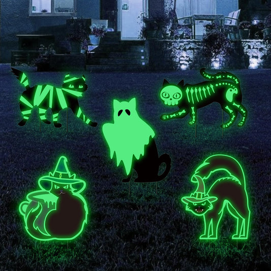 Halloween Yard Decorations Outdoor Signs - 5pcs Black Cat Halloween Decor Yard Signs with Stakes, Mummy Ghost Witch Skeleton Cat Glow in Dark for Halloween Party Supplies Garden Lawn Decorations