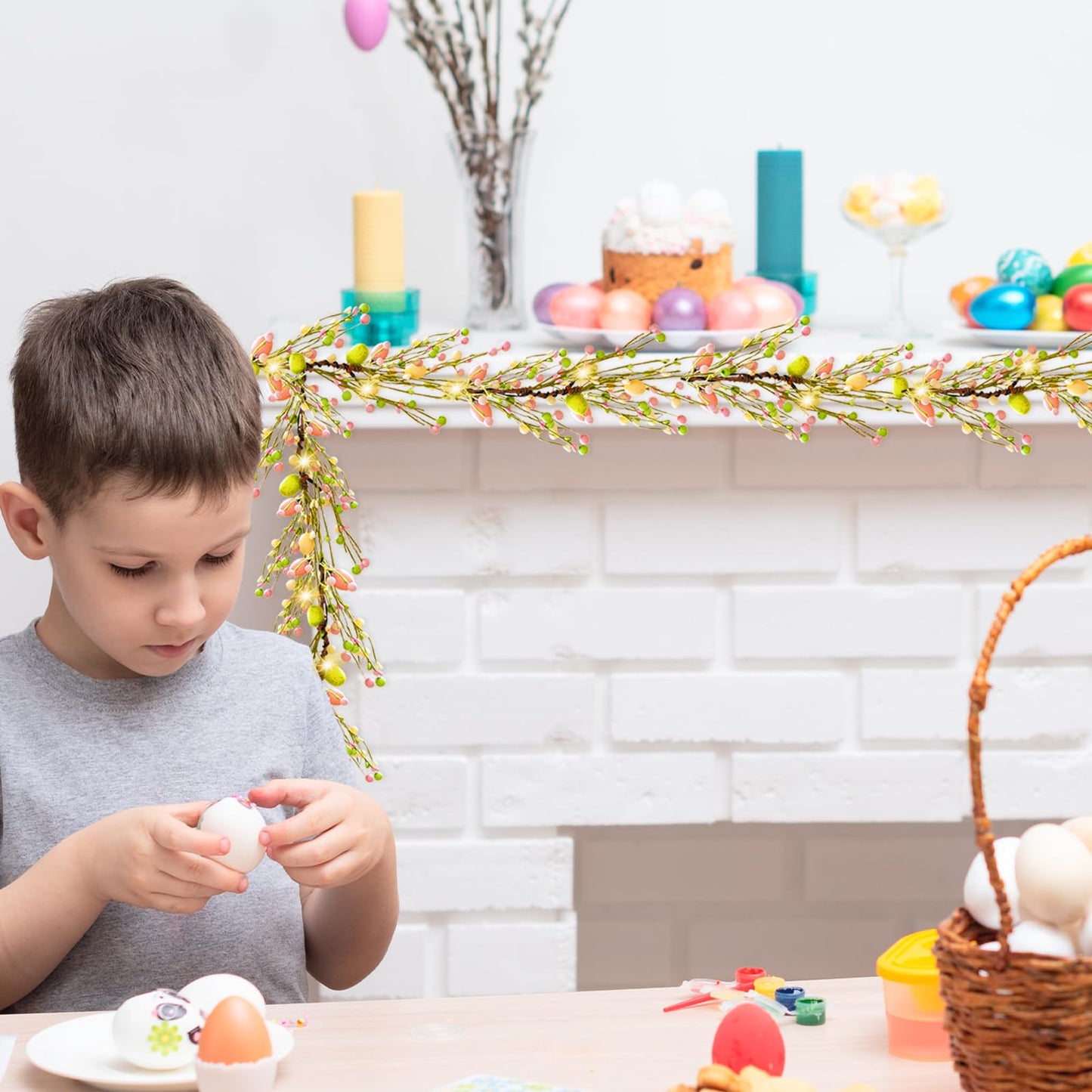 6.6 FT Lighted Easter Garland with Egg and Mixed Berry, Artificial Spring Garlands with Timer, Easter Decorations Pre-lit with 18 LED Lights, Pastel Garland for Mantle Doorway