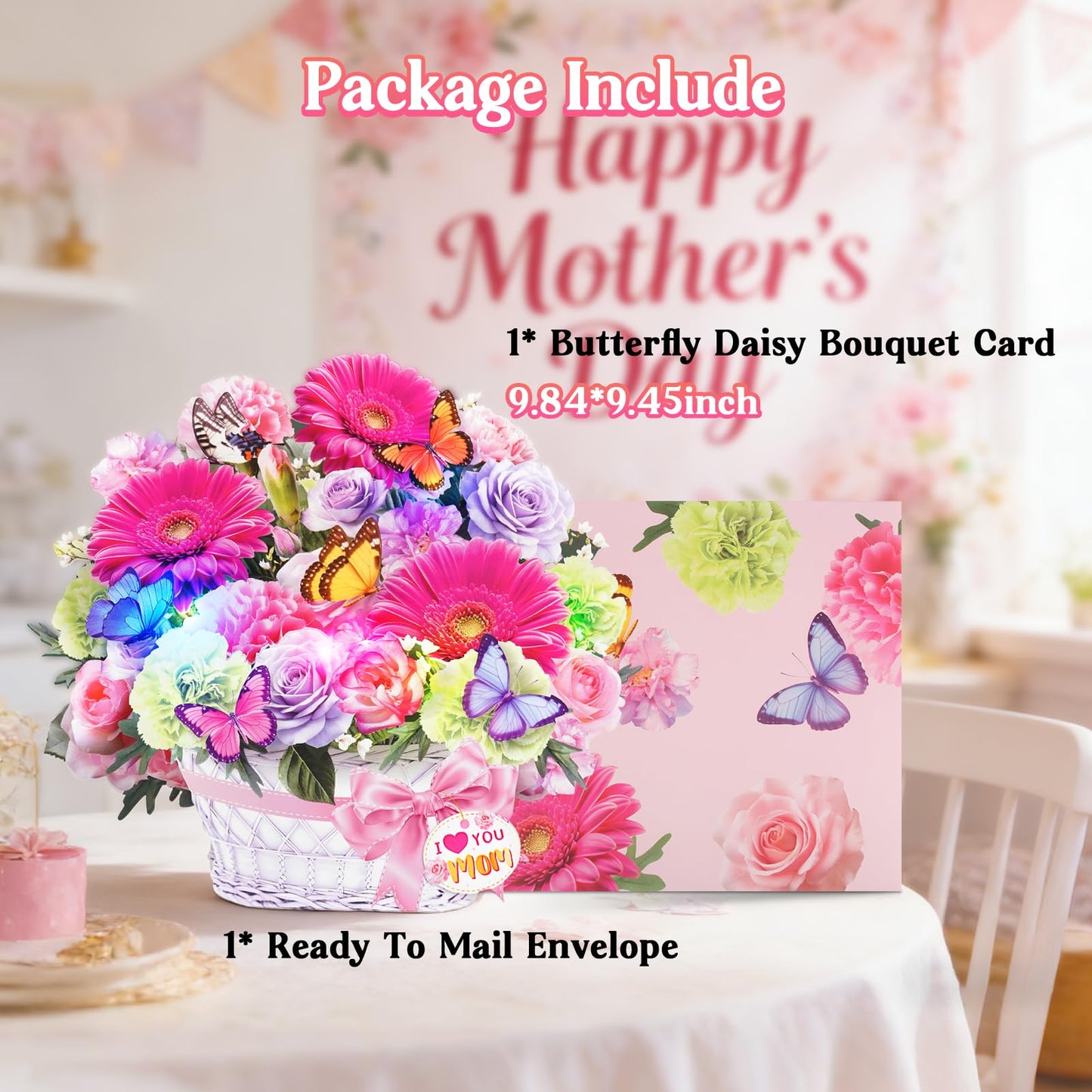 MZD8391 Mothers Day Card with Music & Lights, 3D Pop Up Mother's Day Cards, Gerbera Daisy & Butterfly, 10 Inch Forever Flower Bouquet Birthday Gift for Wife, Women, Mom
