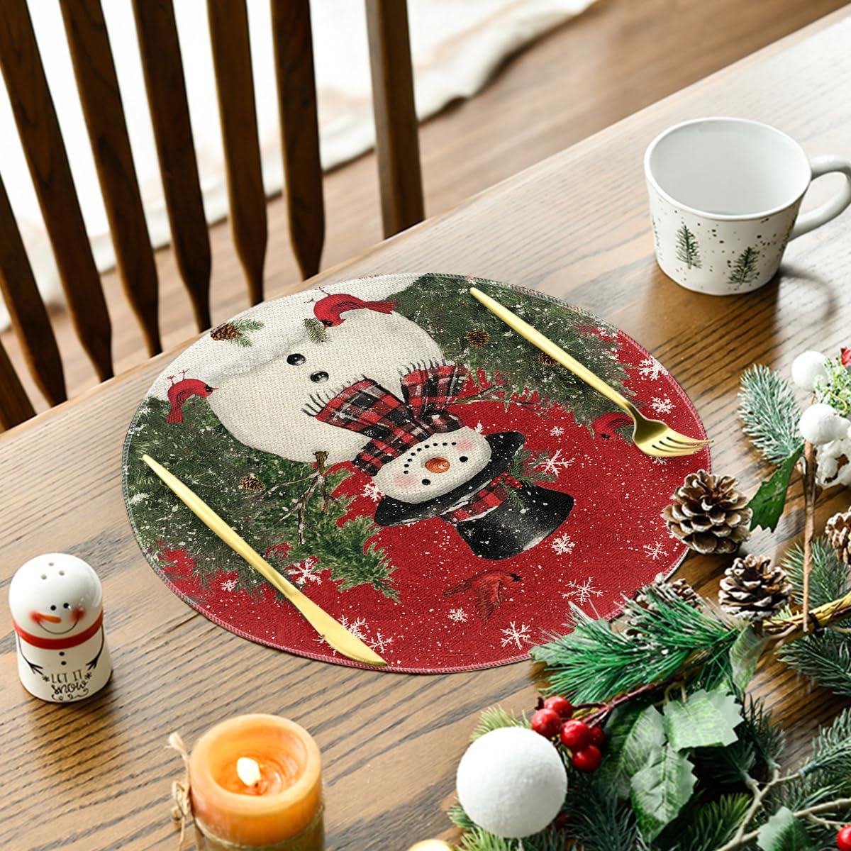 Snowman Trees Snowflakes Christmas Round Placemats Set of 4, 14 Inch Winter Round Table Mats for Dining Decoration
