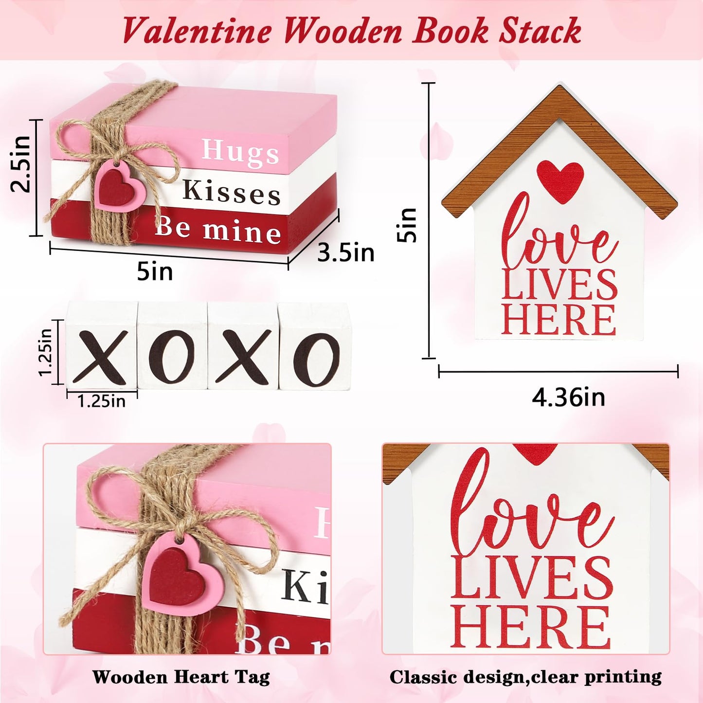 Valentines Day Decorations, Wood Book Stack with XOXO Blocks for Table Shelf Tiered Tray Decor, Freestanding Valentines Day Decor