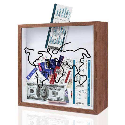 Adventure Archive Box 12x12inch Gifts for Dad Father From Wife/Daughter/Son, Wooden Travel Shadow Box with Slot, Loading Tickets Display Case Memories Travel Box Frame for Keepsake, Dark Brown