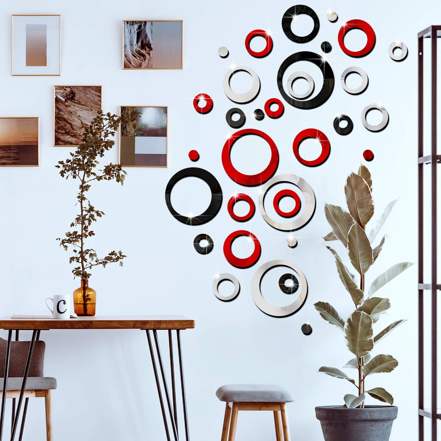 Outus 72 Pieces Wall Stickers Acrylic Circle Mirror Removable Round Dots Mirror Wall Decoration Wall Decals Murals for Home Living Room Bedroom Decor(Silver, Red, Black)