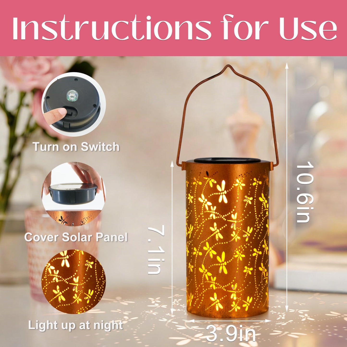 DIBIEECN Mothers Day Gifts for Mom, Birthday Gifts Grandma Ladies Solar Lanterns Outdoor Hanging Hollowed-Out Metal Waterproof LED Garden Decor Outside for Patio Yard Porch, Dragonfly, 1 Pack