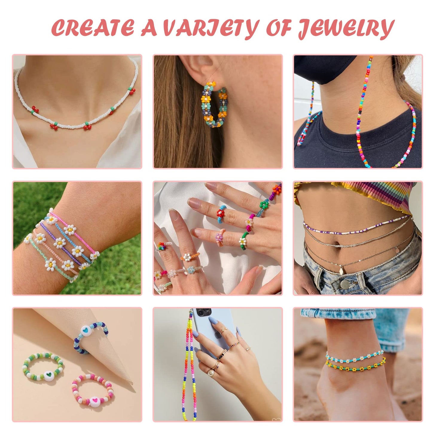 QUEFE 48000pcs 2mm Glass Seed Beads for Jewelry Making Kit, 96 Colors Small Bracelet Beads with Pendant Charms Kit and Letter Beads for Bracelets Necklace Ring Making, DIY, Art and Craft