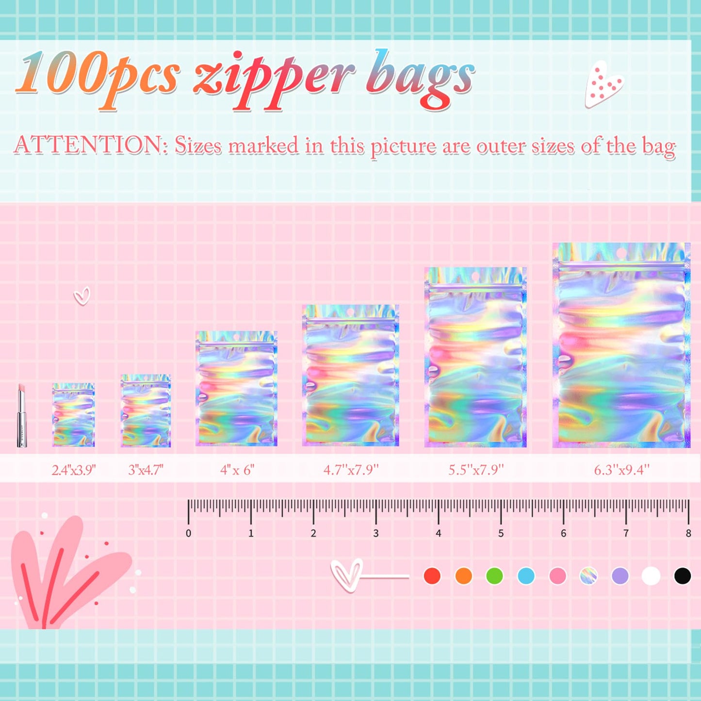 Funfery 100 pcs Mylar Holographic Bags Packaging Bags,Clear Resealable Bag Foil Pouch Bag for Party Favor,Goodies,Treat,Cards,Food Storage Baggies Packaging for Small Business(4x6in,Holographic)
