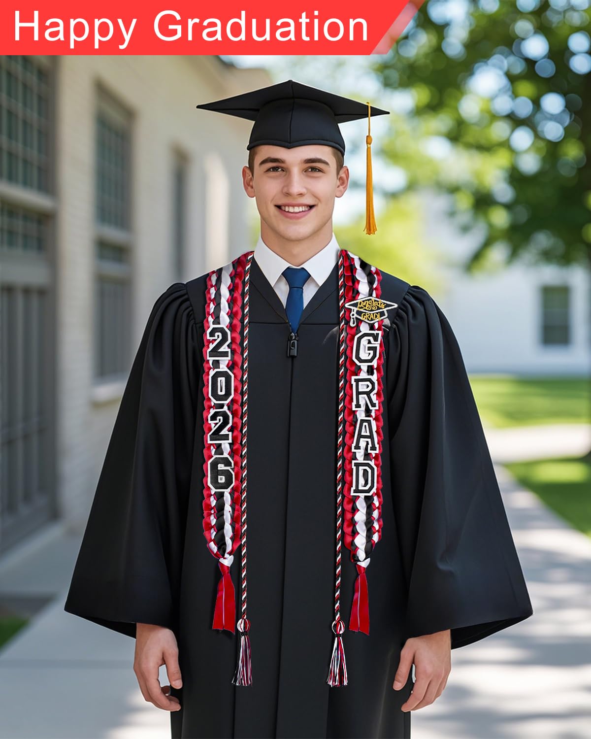 Yigney Graduation Lei Set Class of 2026 Grad Ribbon Leis with Honor Cord Double Braided Graduate Leis for Men Women Red Black White