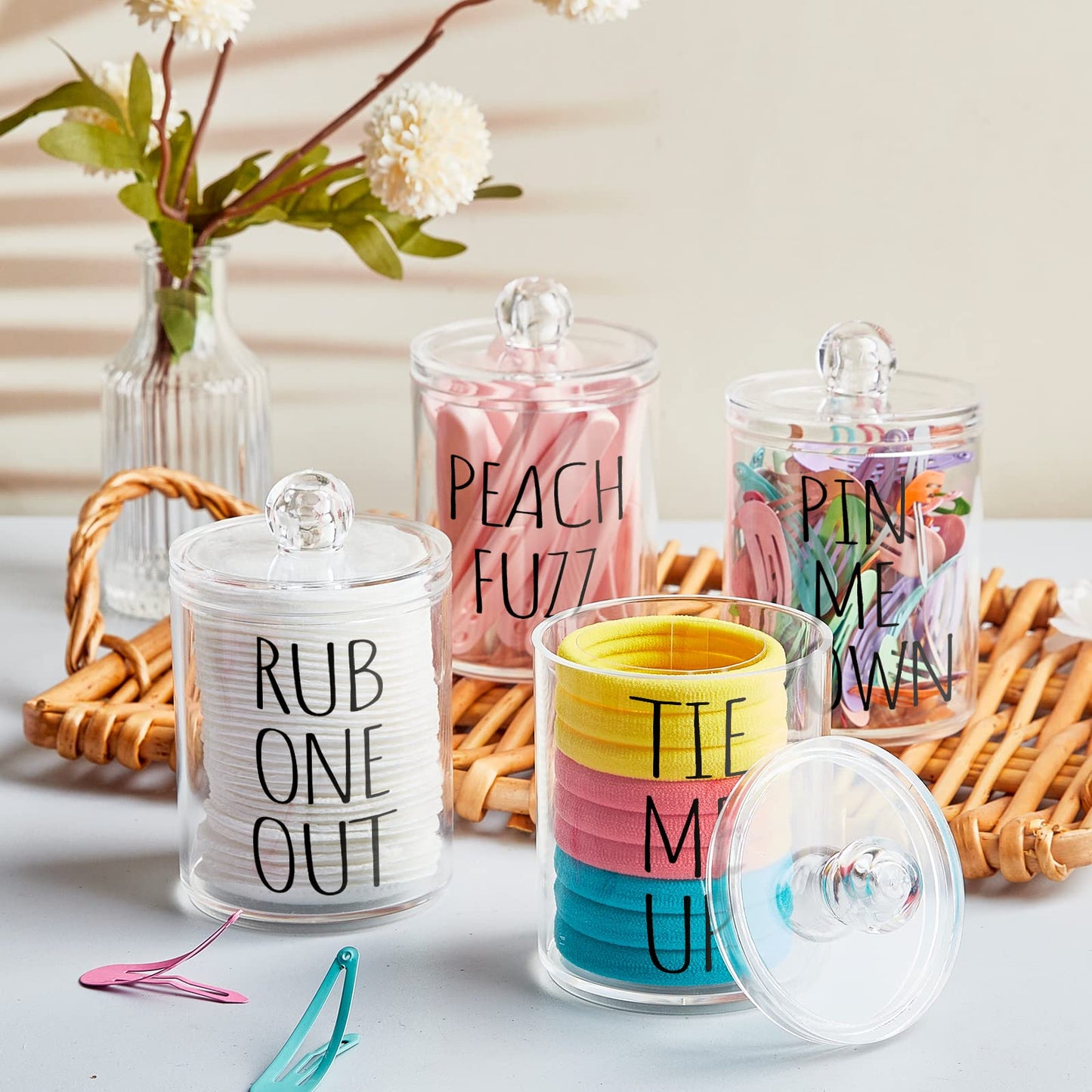 4 Pack Qtip Holder Dispenser with Lids and Labels - 10 oz Acrylic Apothecary Jars Plastic Bathroom Vanity Canister Organizer for Cotton Balls, Pads, Swabs, Floss (Clear)