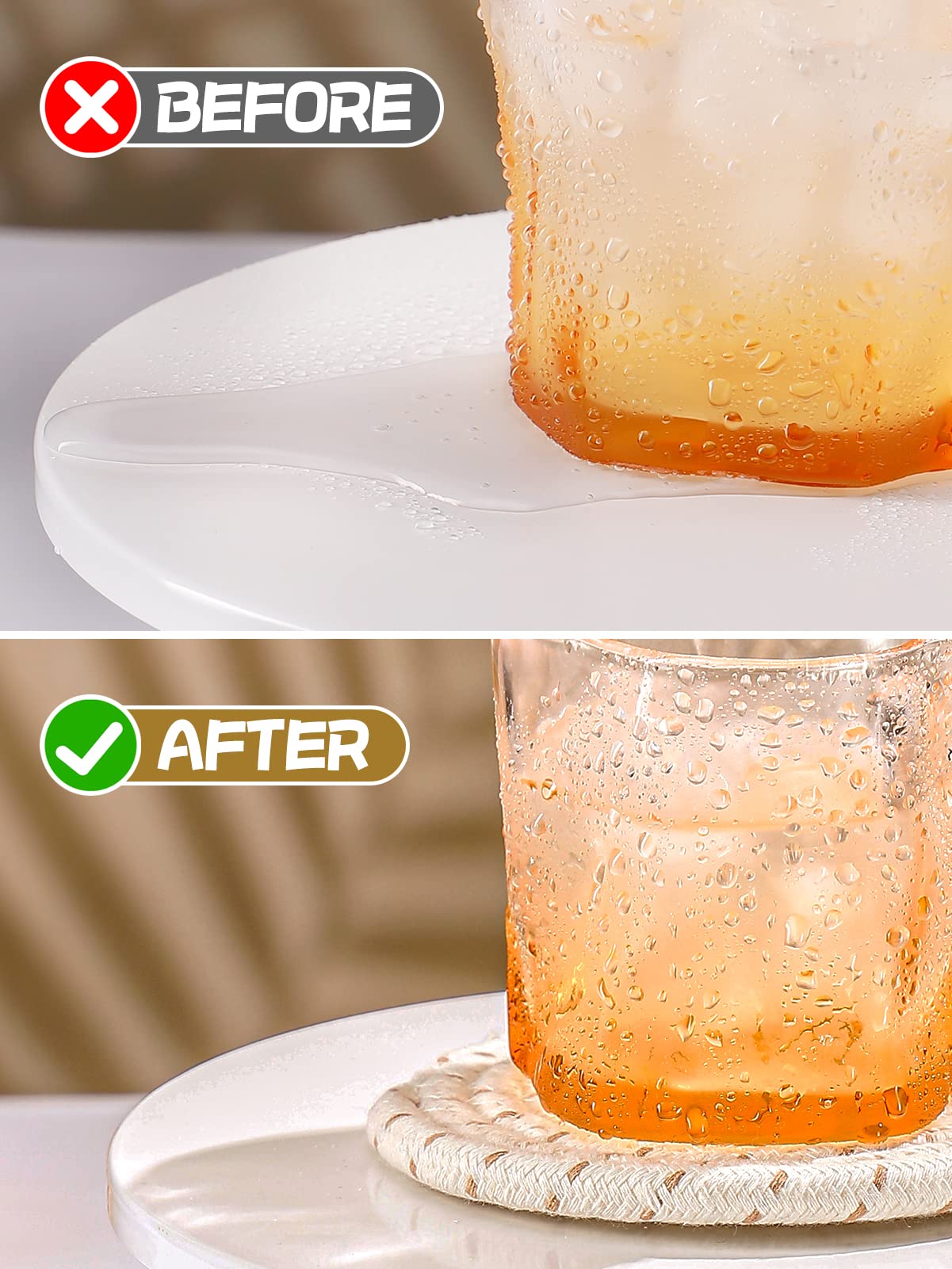 Handmade Woven Drink Coasters, 8 Pcs BOHO Coasters for Home Decor, Absorbent Farmhouse Cotton Table Coasters for Kinds of Cups New House Gift (4.3in, Yellow/Brown/White)