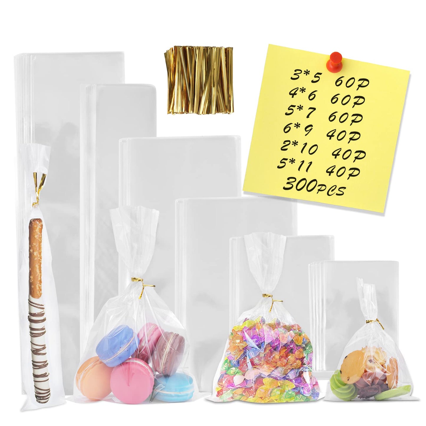 NEOACT 300 PCS Clear Flat Cellophane Treat Bags with 3x5,4x6,5x7,6x9,2x10,5x11,Treat Bags with Ties are Good for Pretzel Rods,Bakery, Cookies, Candies,Dessert.