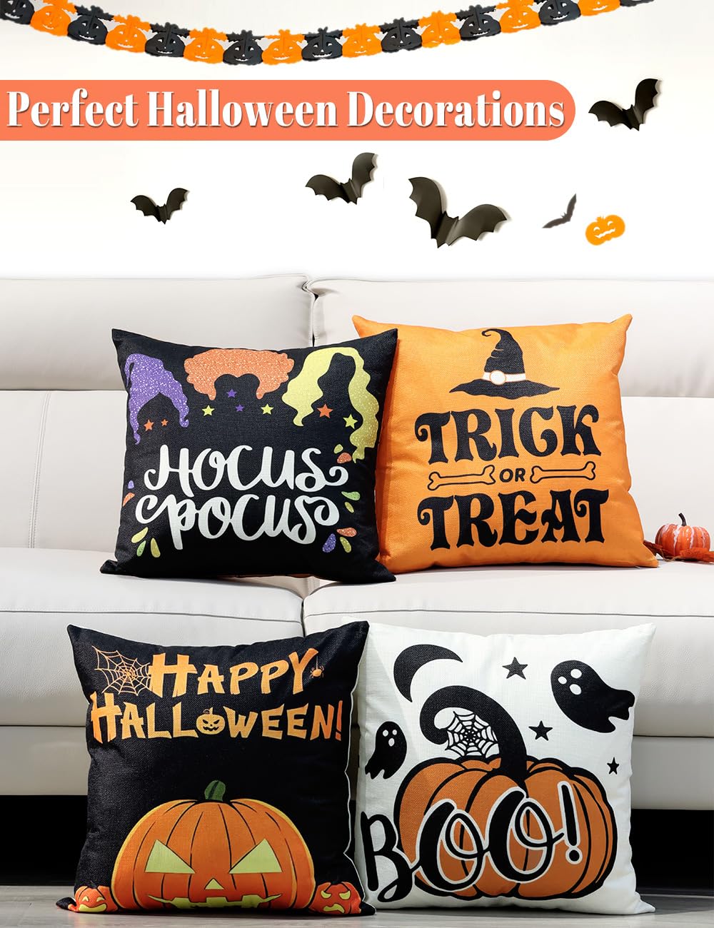 Halloween Decorations Double-Side Printing Pillow Covers 18'' x 18'' Set of 4, with 8 Cute Halloween Decor Patterns, Invisible Zipper, Durable Soft Linen Throw Pillow Covers Outdoor Indoor