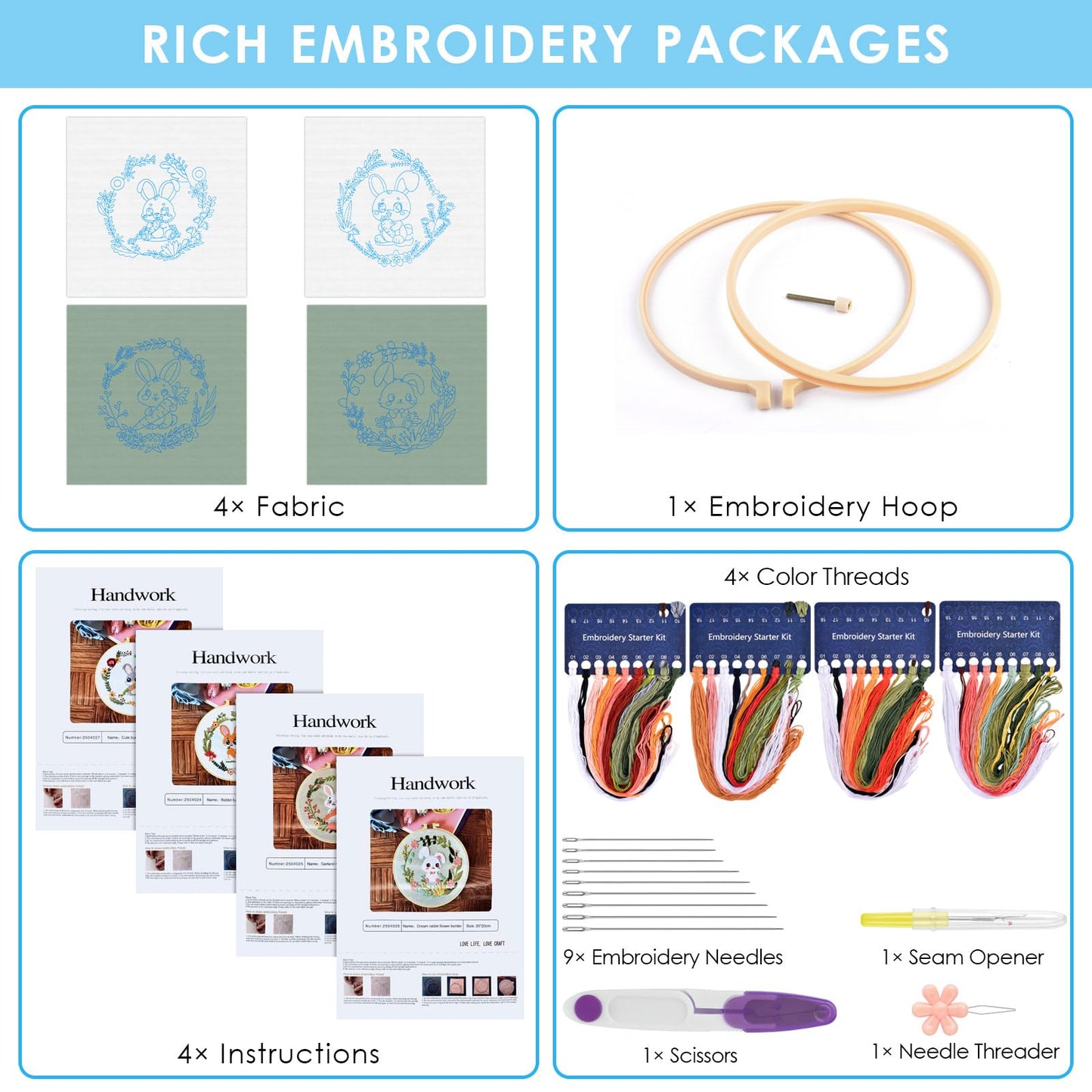 4 Sets Embroidery Kit, Animal Cross Stitch Set for Include Embroidery Cloth Hoops Threads for Craft Lover Hand Stitch (Rabbit)