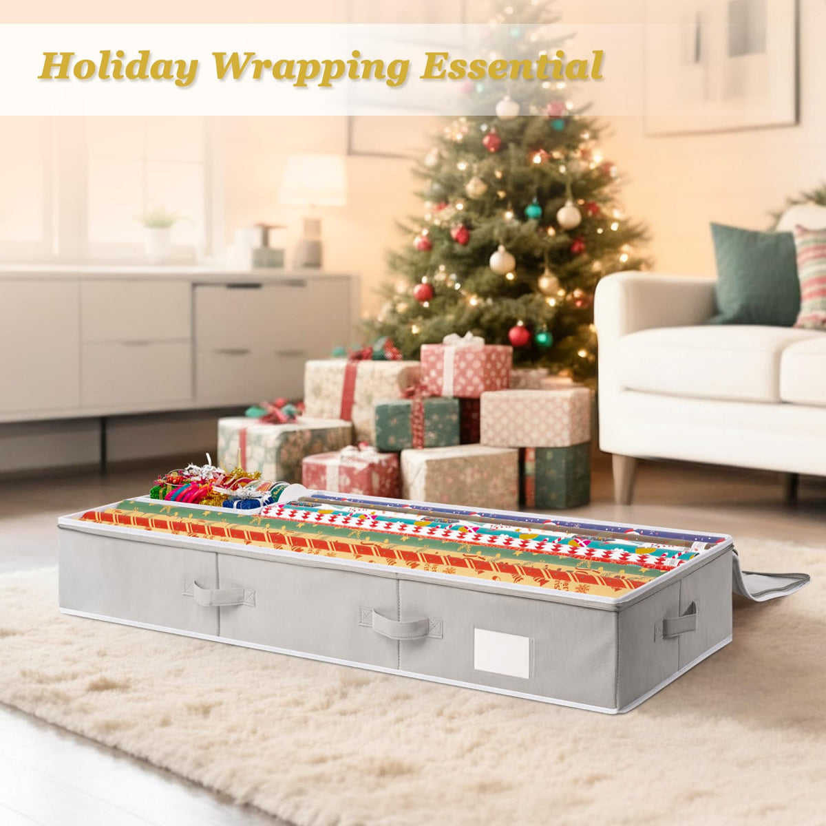Criusia Gift Wrapping Paper Organizer Storage, Durable Underbed Storage Container Fits 24 Rolls, with Removable Dividers and Pockets for Ribbon, Ornaments, Holiday Accessories, Grey