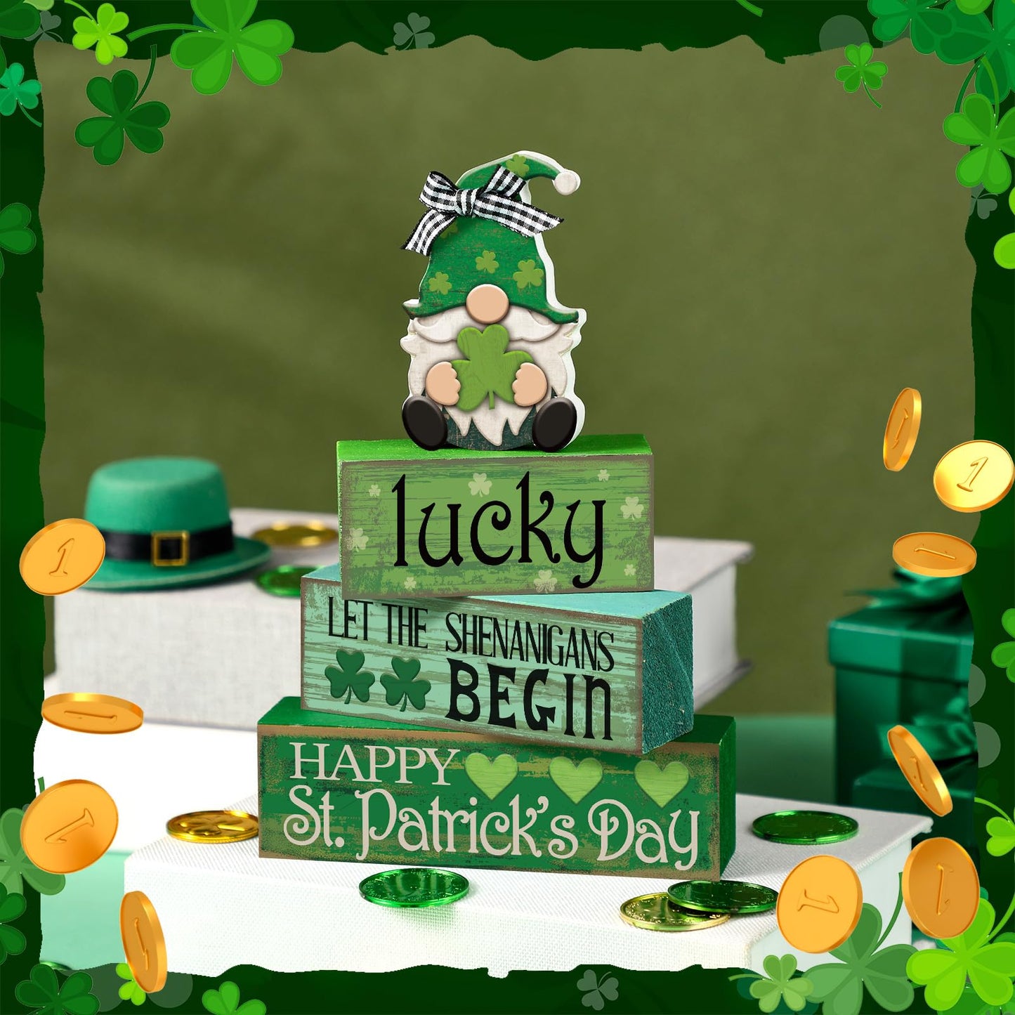 4 Pcs St. Patrick's Day Table Decoration Irish Tiered Tray Decor Wooden Gnome Shamrocks Block Signs Happy St. Patrick's Day Centerpiece for Tables Irish Wooden Sign for Home Decor