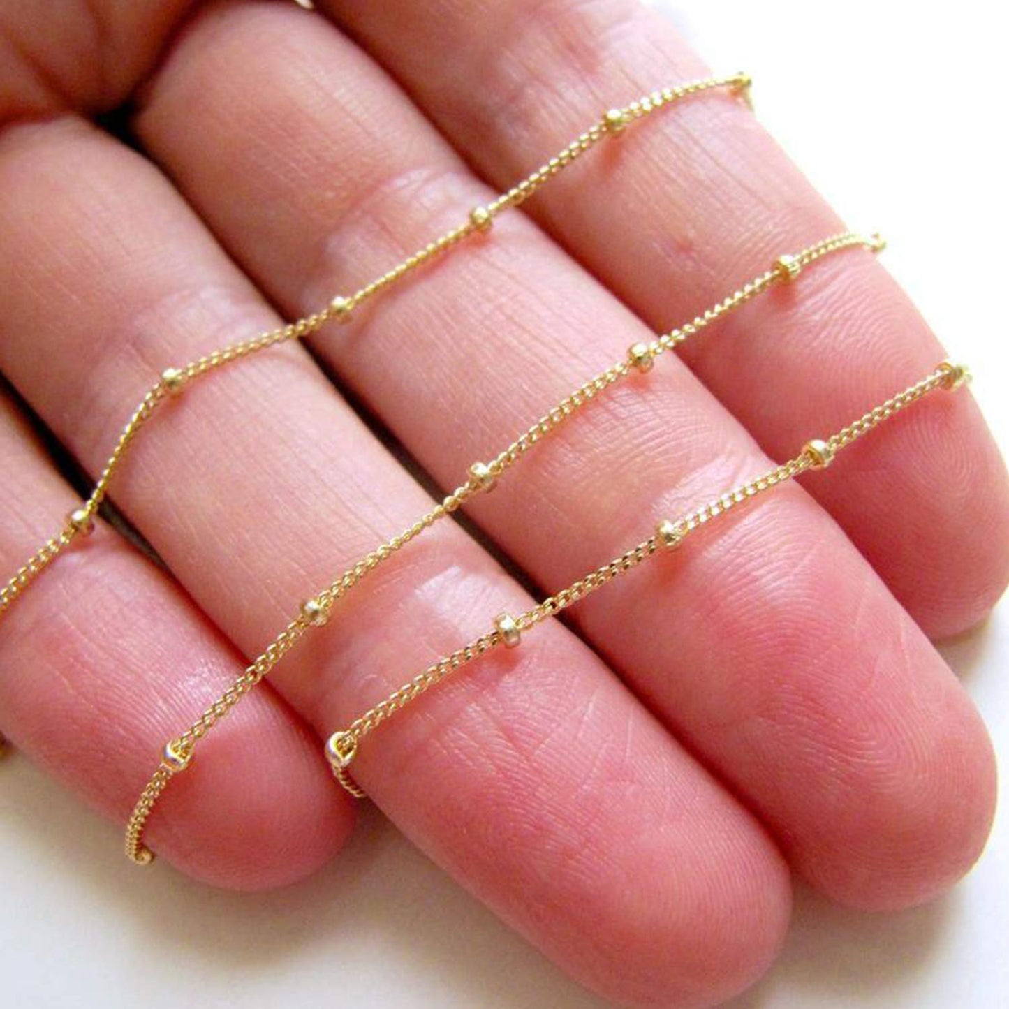 Wholesale 12PCS Gold Plated Solid Brass Satellite Beaded Curb Thin Chain Necklace Bulk for Jewelry Making (18 Inch(1.5mm))