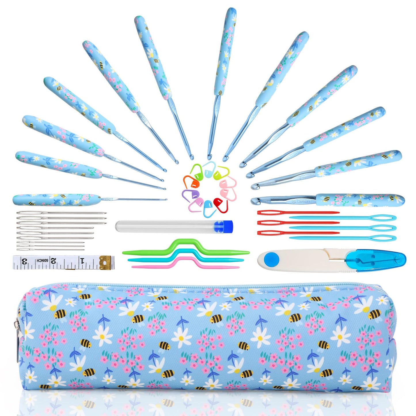 Looen Crochet Hooks Set, 12 Sizes 2.0mm(B)-8.0mm(N) Ergonomic Handle for Arthritic Hands, Soft Rubber Grip Knitting Needles Kit for Crochet Beginners, Knitting Enthusiasts (Sky Blue)