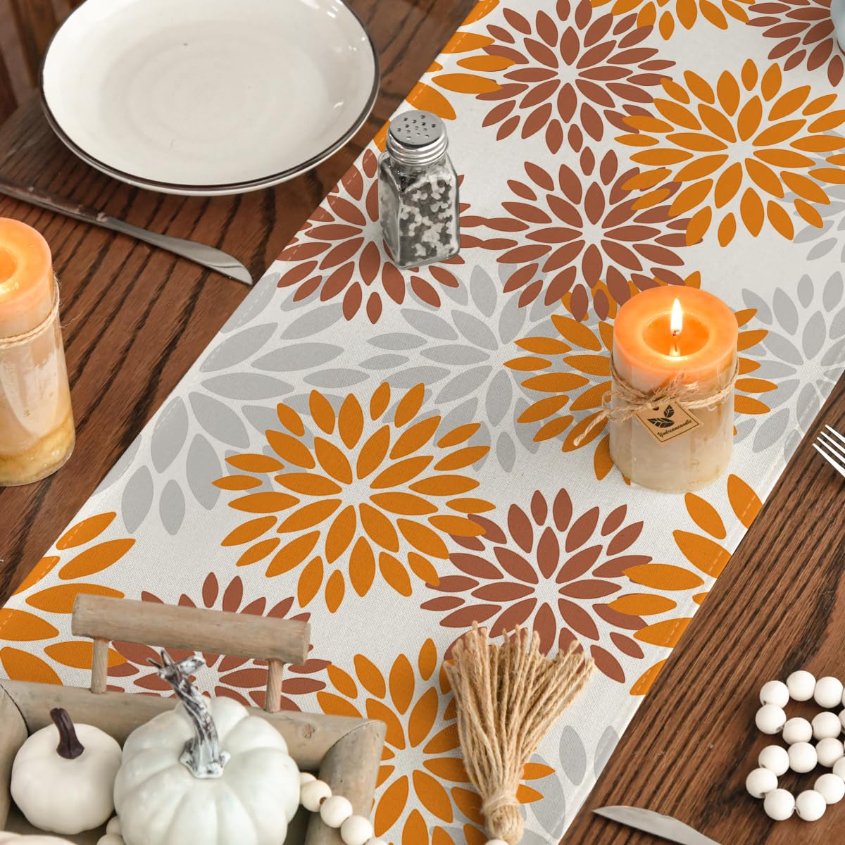 Orange Dahlia Floral Pinnata Fall Table Runner, Seasonal Autumn Thanksgiving Kitchen Dining Table Decoration for Home Party Decor 13x72 Inch