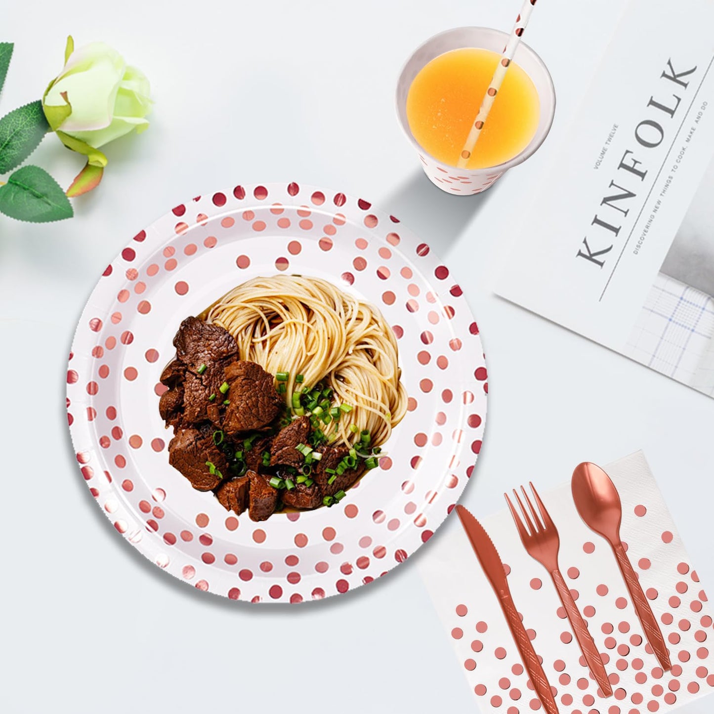 Nkaiso Paper Plates and Napkins Set, 193 Pieces Rose Gold Party Supplies Includes Paper Plates Cups Napkins Straws and Cutlery for Birthday Wedding Holidays Parties Decorations-24 Guests