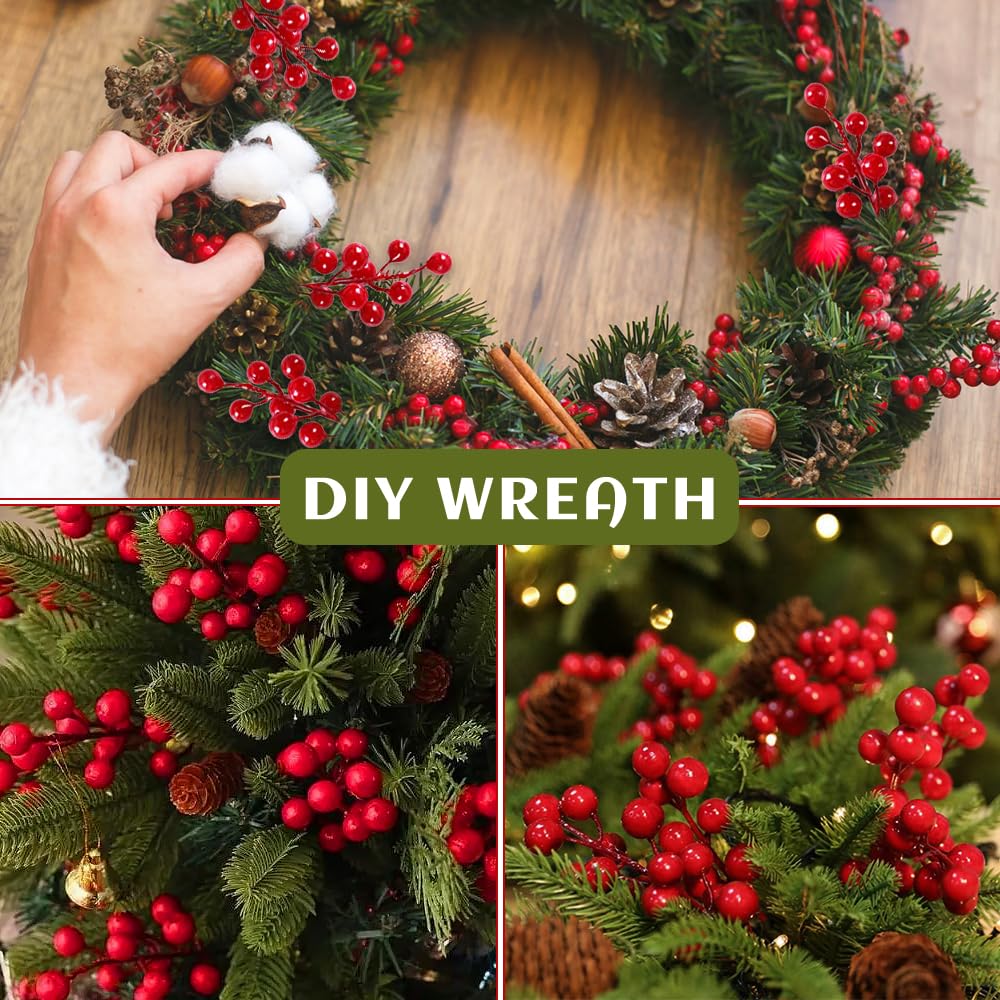 Vellibring 32 Pack Artificial Red Berry Stems, Christmas Red Berries Picks Holly Berry Branches for Christmas Tree Ornaments Xmas Wreath DIY Crafts Winter Holiday Home Decoration