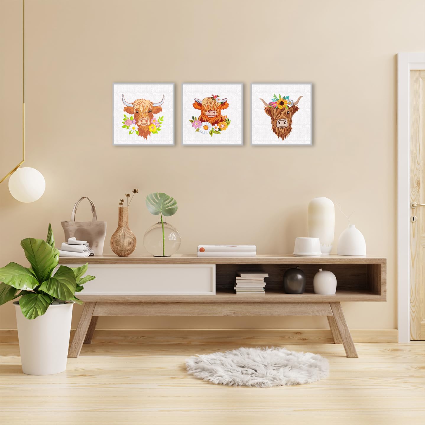 3 Sets Embroidery Kits for Beginners,Cross Stitch Kit for Adults,Starters DIY Needlepoint Including Hoop -Highland Cow and Florals Pattern