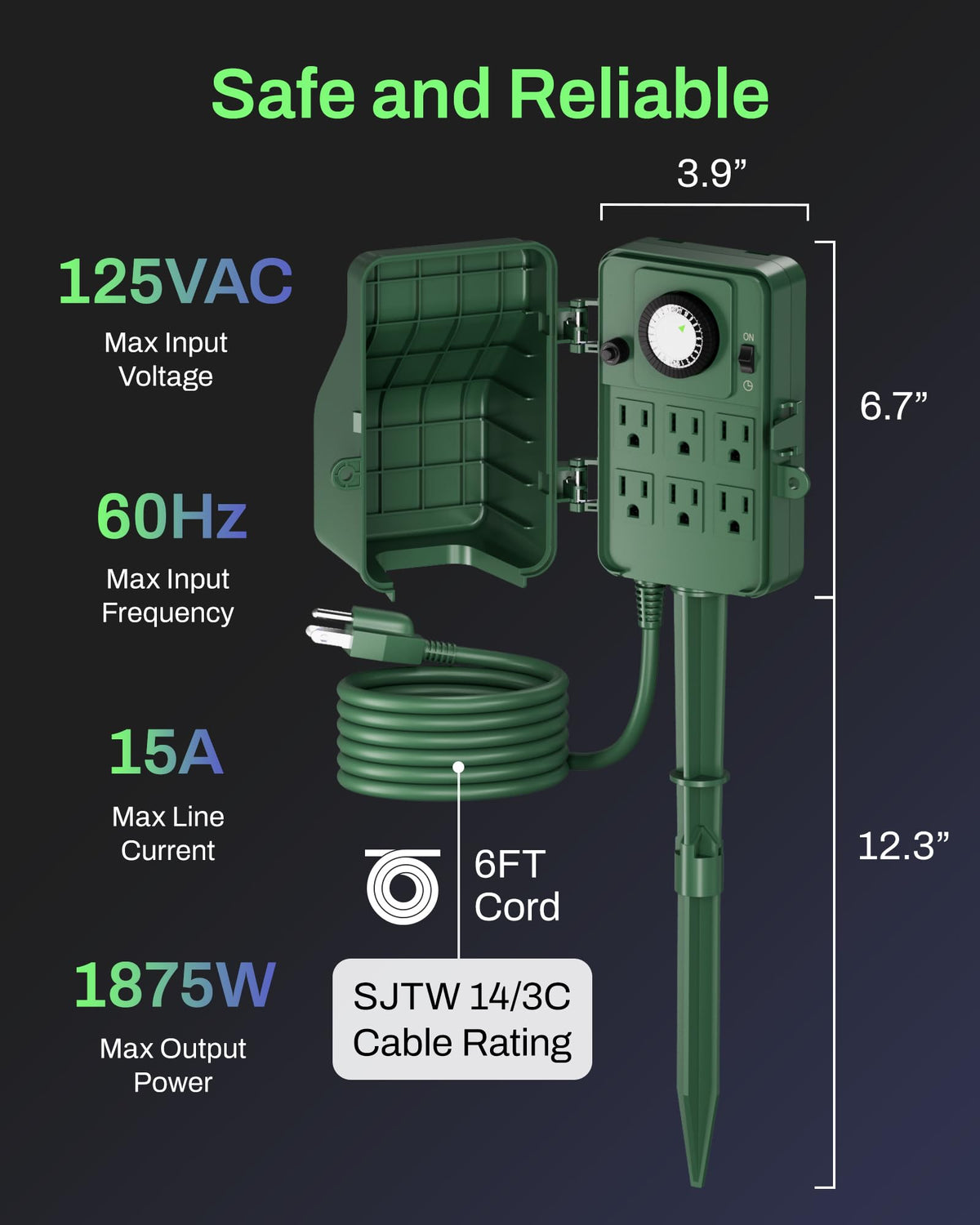 BN-LINK Outdoor Power Stake Timer, 24-Hour Mechanical Timer, 6 Outlets