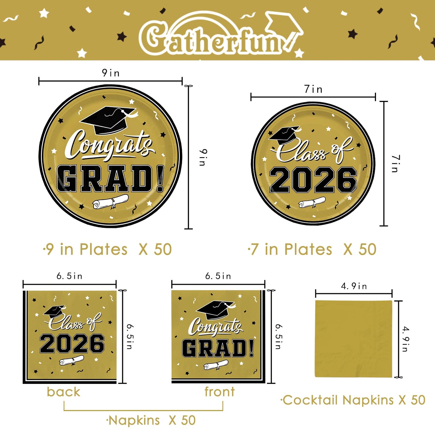 Graduation Party Plates and Napkins Gatherfun Graduation decorations 2026 Gold Disposable Paper Plates Luncheon Napkins Cocktail Napkins for Congrats Grad Party Decorations, Serve 50