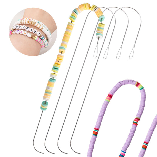 4 Pieces Large Eye Curved Beading Needles with Handle, 5.3 inch Stainless Bead Needle for Bead Spinner Loader, Bead Spinner Needles for String Seed Beads Jewelry Making (Patent Protection)