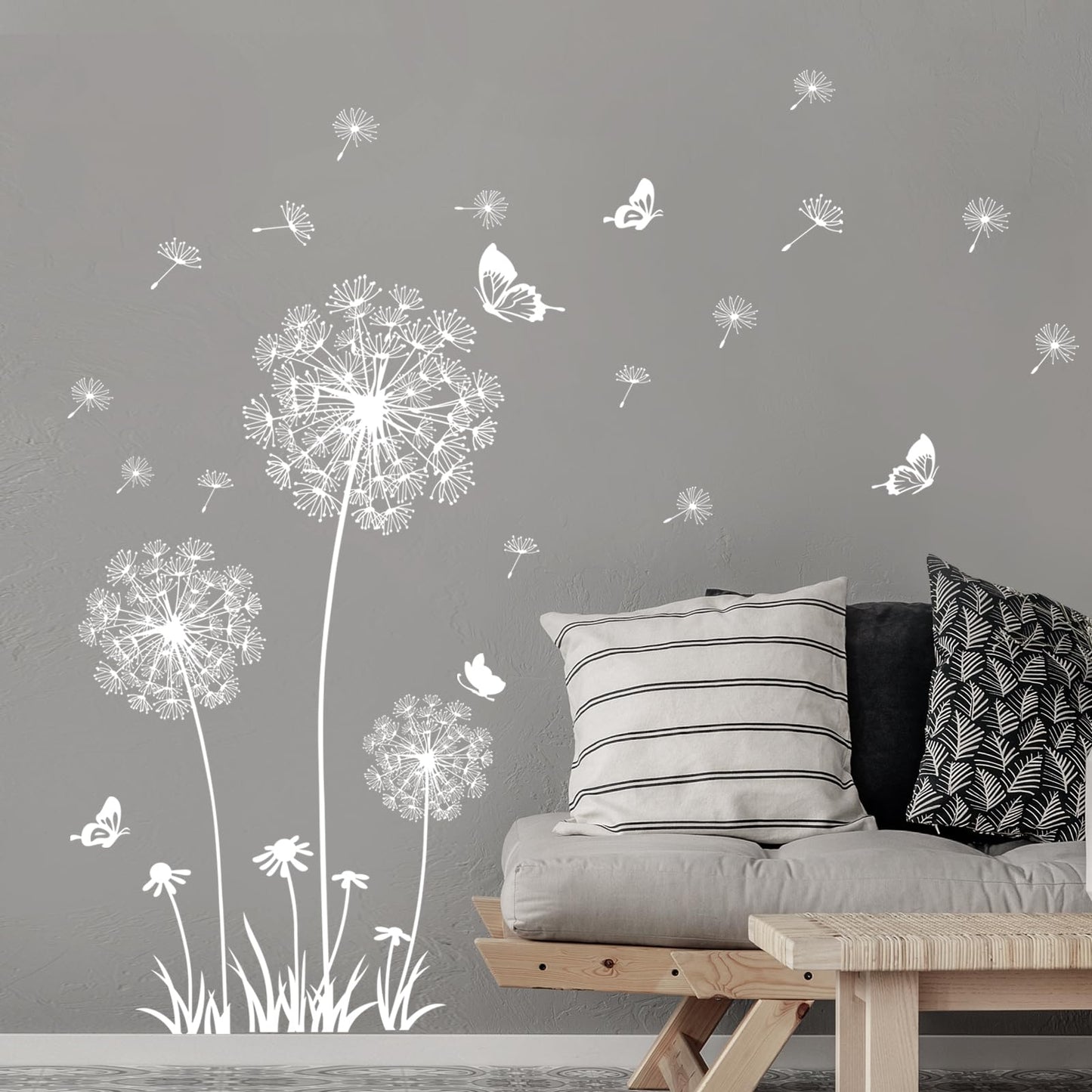 Supzone Dandelion Wall Stickers Flower Wall Decals Butterflies Flying Wall Decors Art Stickers for Bedroom Living Room Sofa Backdrop TV Wall Decor (White Black)