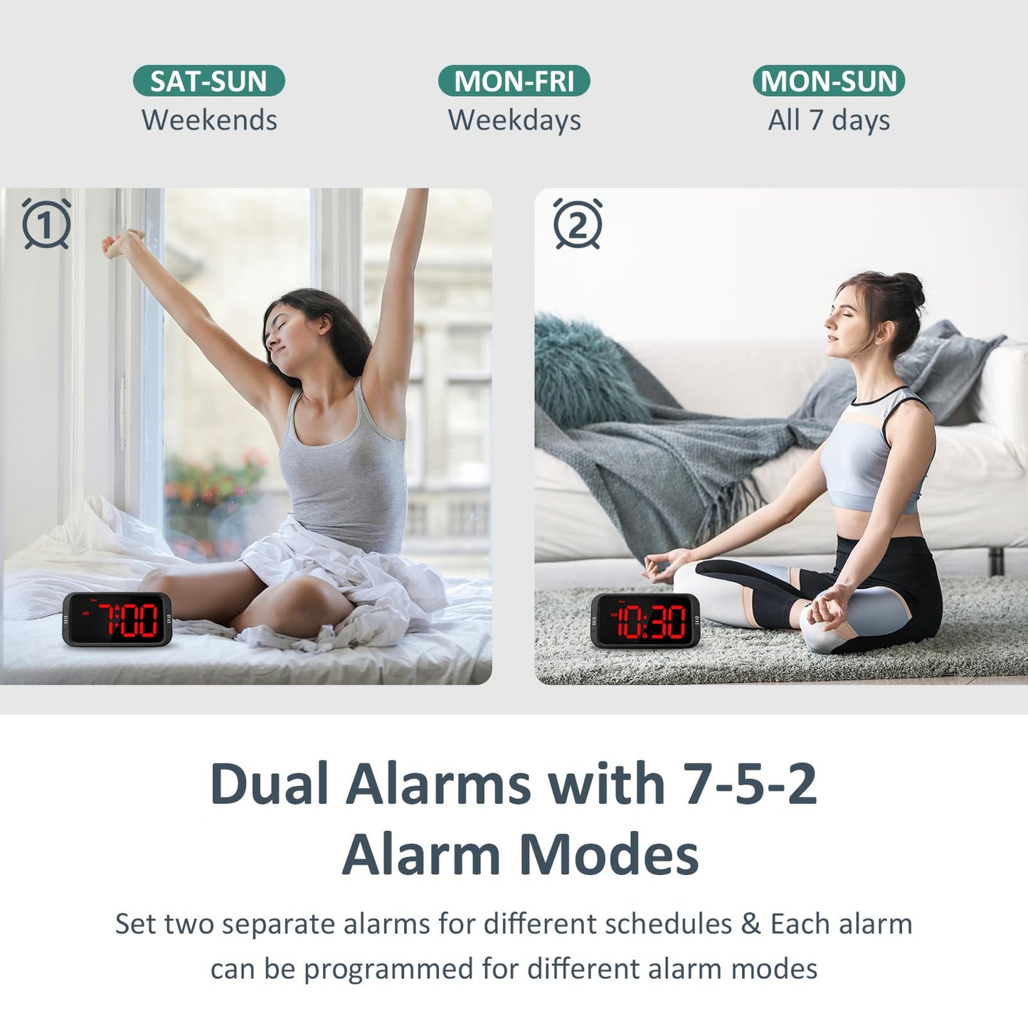 Odokee Digital Dual Alarm Clock for Bedroom, Easy to Set, 0-100% Dimmer, USB Charger, 5 Sounds Adjustable Volume, Weekday/Weekend Mode, Snooze, 12/24Hr, Battery Backup, Compact Clock for Bedside(Red)