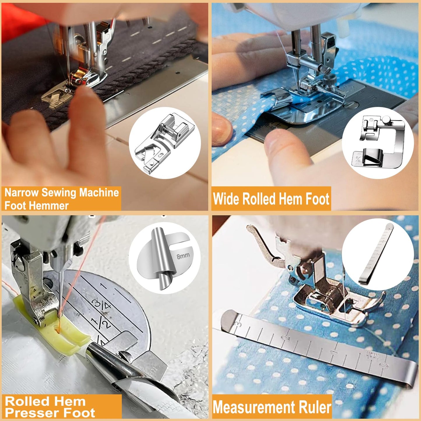 12 Pcs Hemming Foot Kit Narrow Rolled Hem Foot Set Presser Foot Sewing Rolled Hemmer Foot Narrow Sewing Machine Rolled Hem Guide Universal Sewing Clips for Sewing Machine Accessories and Tools