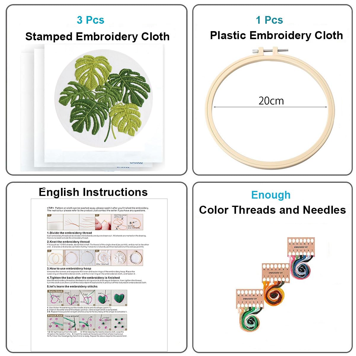 Embroidery Kits for Adults Beginner, European Style Garden Plant Green Leaf Stamped Embroidery Starter Kit,DIY Sewing Practice, Needlepoint Cross Stitch Kit,Set of 3