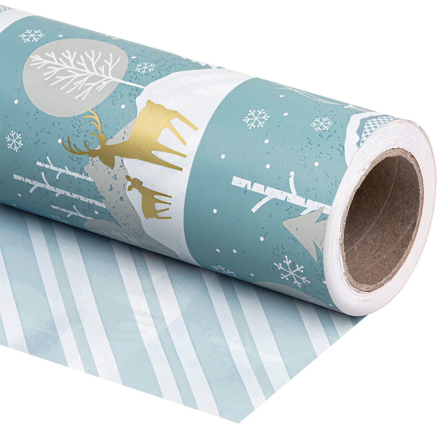 Reversible Christmas Wrapping Paper - Mini Roll - 17 Inch x 33 Feet - Blue and White Reindeer Holiday Landscape and Stripe Design for Christmas, Holiday, Party