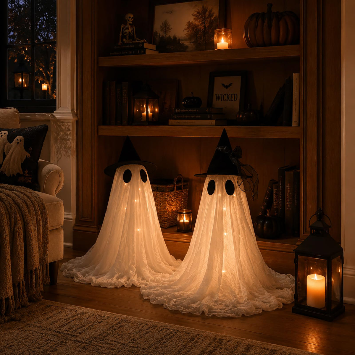 2-Pack Halloween Ghost Decor Set, USB Powered w/Remote Lights