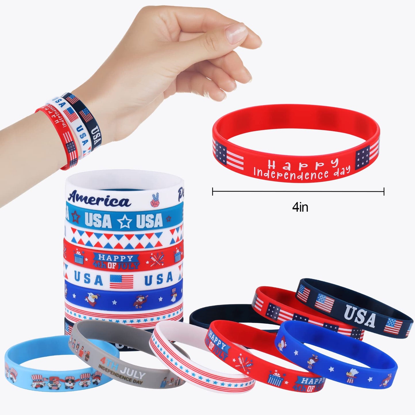 xutengy 48Pcs 4th of July Party Favors Patriotic Decorations American Flag Slap Bracelets Rubber Wristbands Red White and Blue Accessories for Independence Day