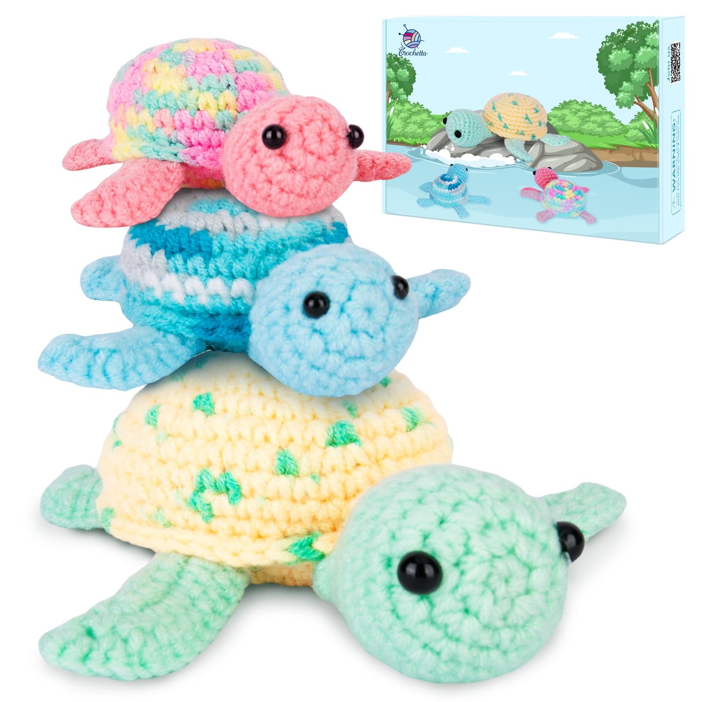 Crochetta Crochet Kit for Beginners, Beginner Crochet Kit for Adults with Step-by-Step Video Tutorials, DIY Crochet Animal Kits Knitting Supplies, 3 Pack Turtle (40%+ Yarn)