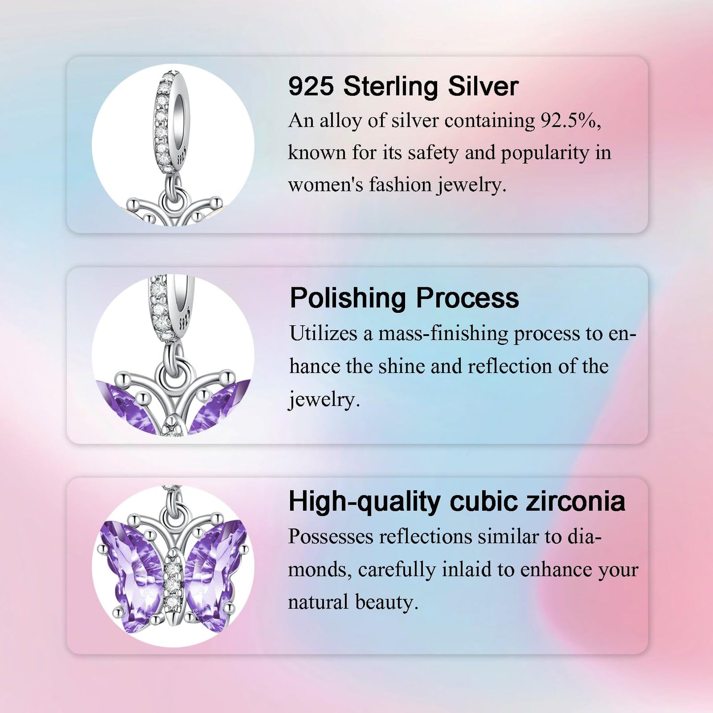 Alstade Butterfly Dangle Charm Purple Glass 925 Sterling Silver Charms fits Bracelets and Necklace Pendant Bead Charms Jewelry Present for Women Family Friends